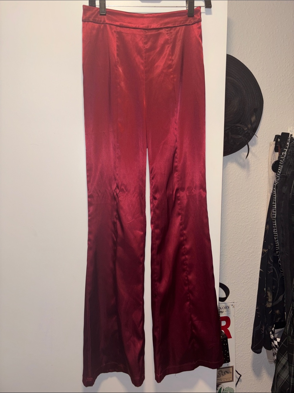 Satin Wide-Leg Pants in Wine Red
